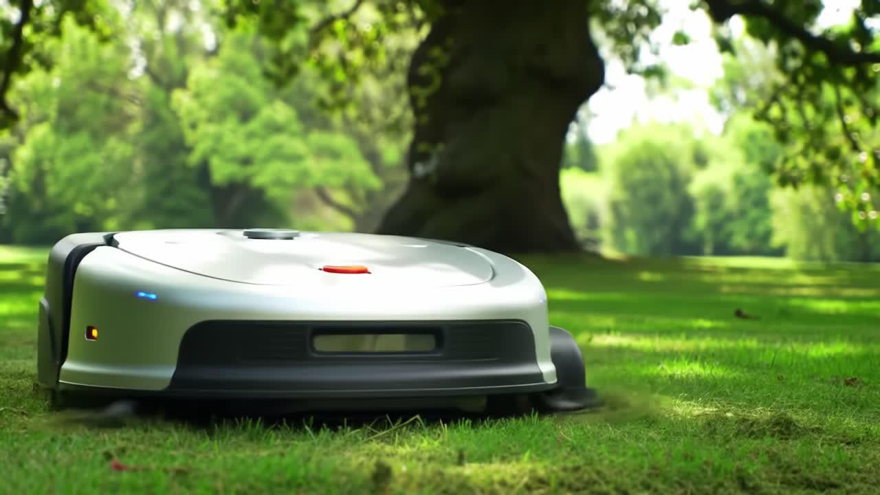A sophisticated robotic mower gracefully navigating a lush, green landscape, efficiently trimming grass while blending seamlessly with the tranquil outdoor environment.