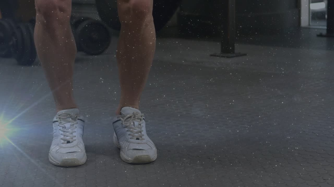 Camera panning upward, athlete jumping rope, fitness, revealing shirtless torso, lens flare dust