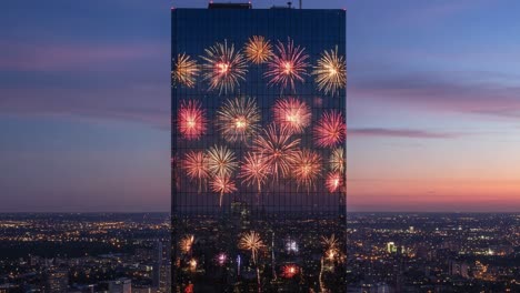 spectacular fireworks reflections on a skyscraper's glass facade during twilight, illuminating the urban skyline in vibrant colors for a memorable celebration