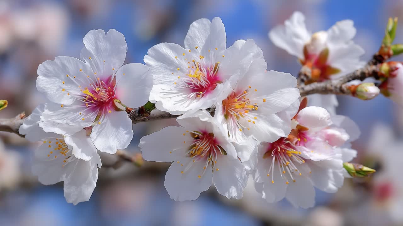 Spettacolare fioritura: uno sguardo ravvicinato a vivaci fiori di ciliegio in piena fioritura su uno sfondo di cielo blu sereno.