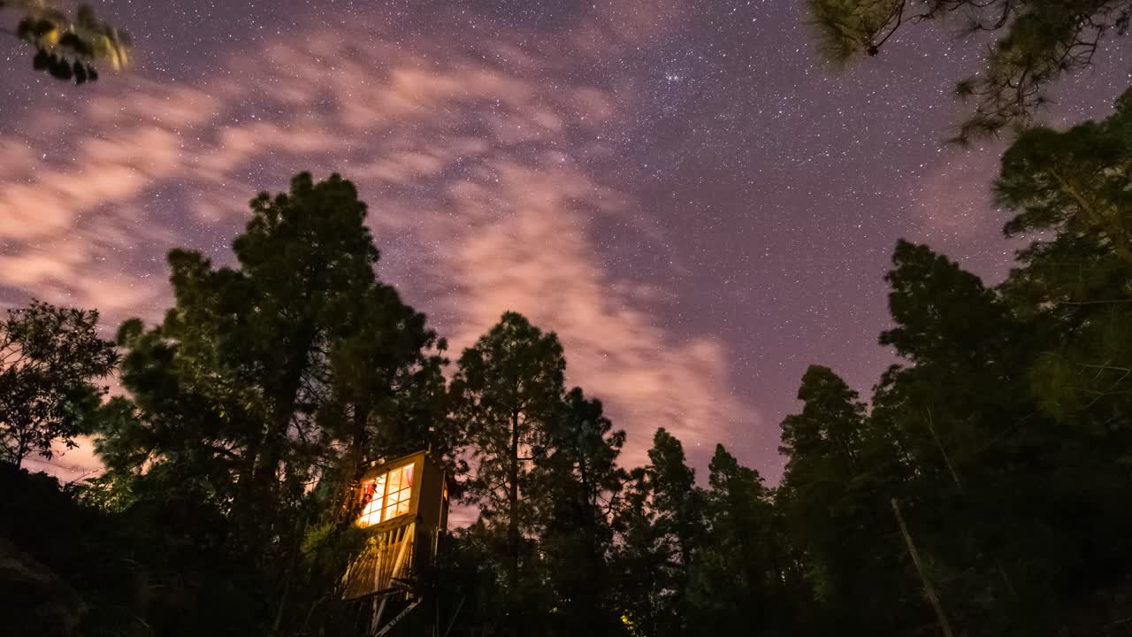 lapso de tiempo de la casa del árbol bajo un hermoso cielo lleno de estrellas isla de tenerife