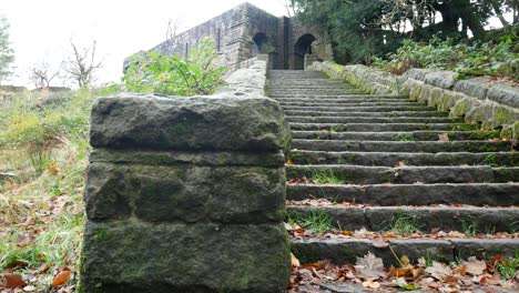 escalera cubierta de musgo de piedra ruinas otoño woodland rivington jardines en terrazas ornamentales desierto lento dolly derecho mirando hacia arriba