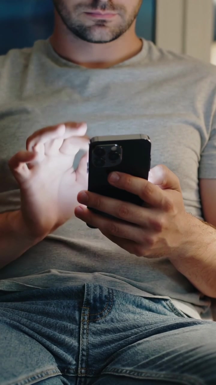 Vertikální video: Telefon se rozsvítí, muž ťuká na chytrý telefon na pohovce, v šedém tričku a modrých džínách.