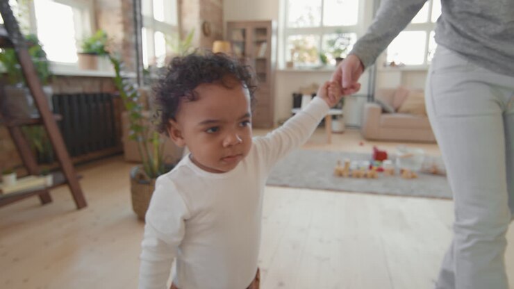 Slowmo of Cute Toddler and His Mother Walking