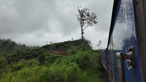 winding train travels through the lush, mist-covered hills of talawakelle in sri lanka. passengers are seen enjoying the picturesque landscape as the train curves through the greenery.