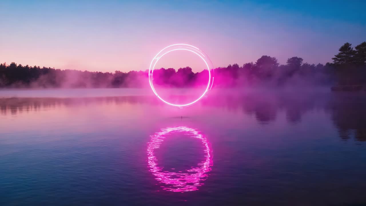 Neon circle on a misty lake at dawn