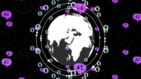 animation of ai data processing with icons, globe and network of connections