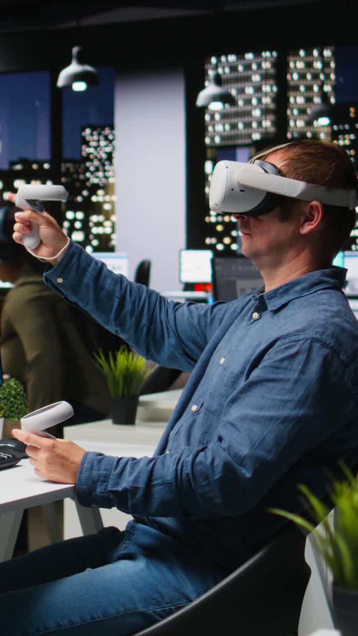 Vertical Video Interior designer using virtual reality headset to create a floor plan