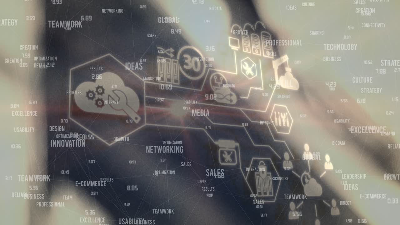 Network of digital icons and business concept texts against warehouse in background