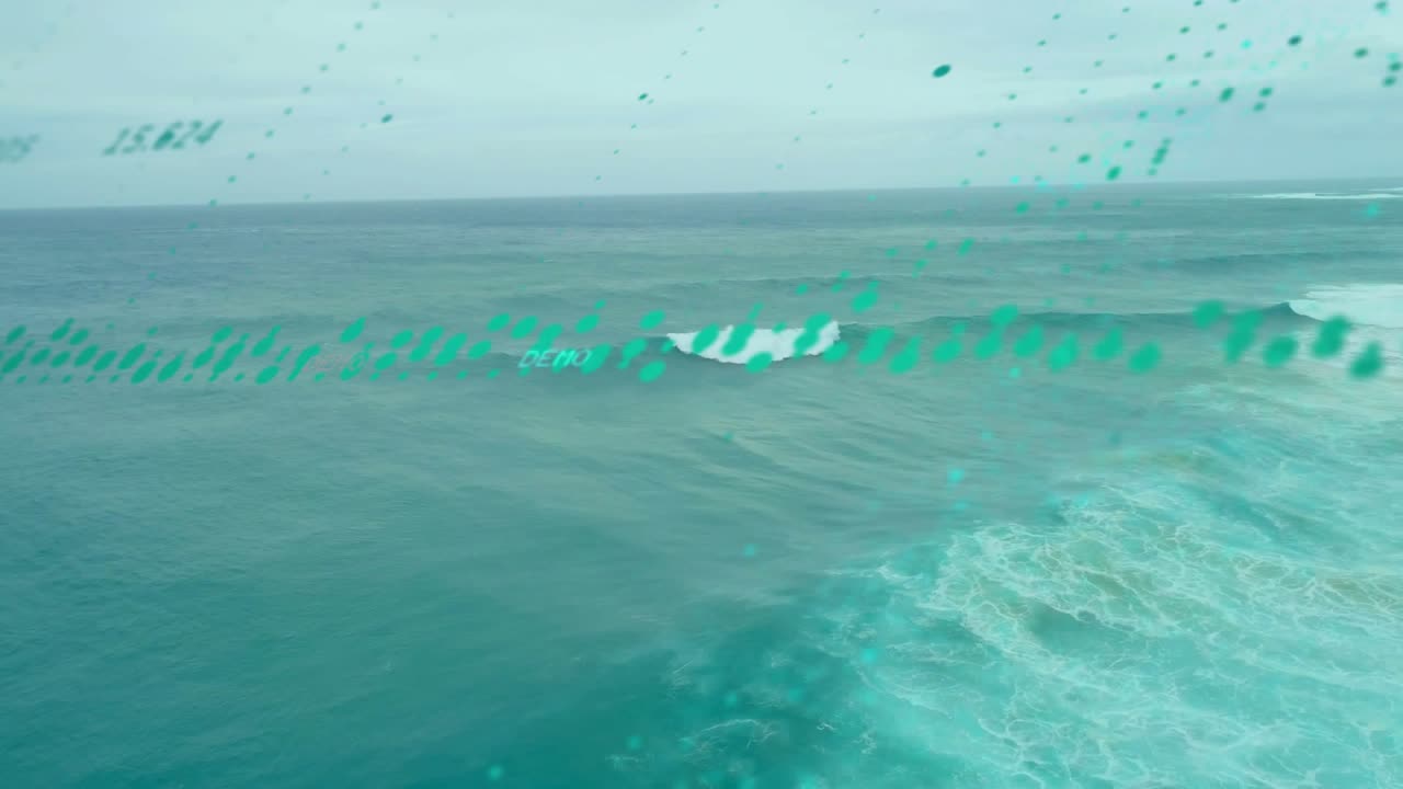Teal dotted trail appearing and sweeping over ocean swell, cresting wave breaking, visualizing data
