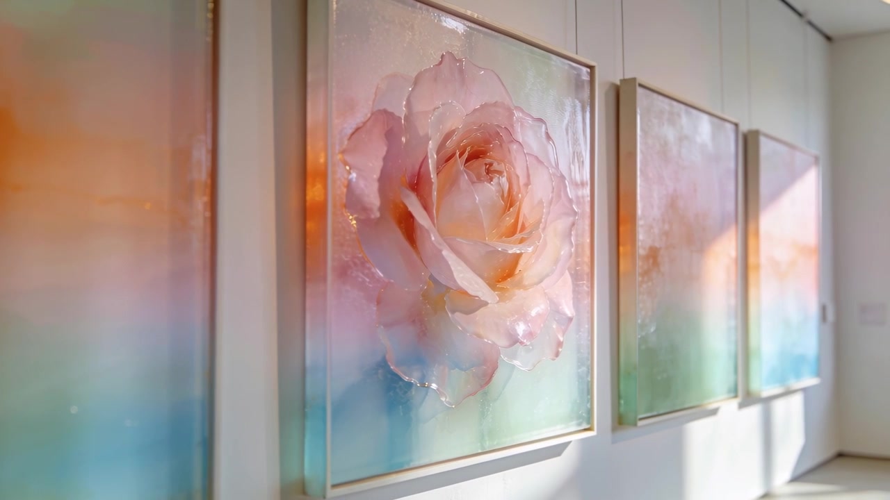 Telecamera in movimento panoramico lungo la parete della galleria, rivelando pannelli a trittico con rose e riflessi della luce solare