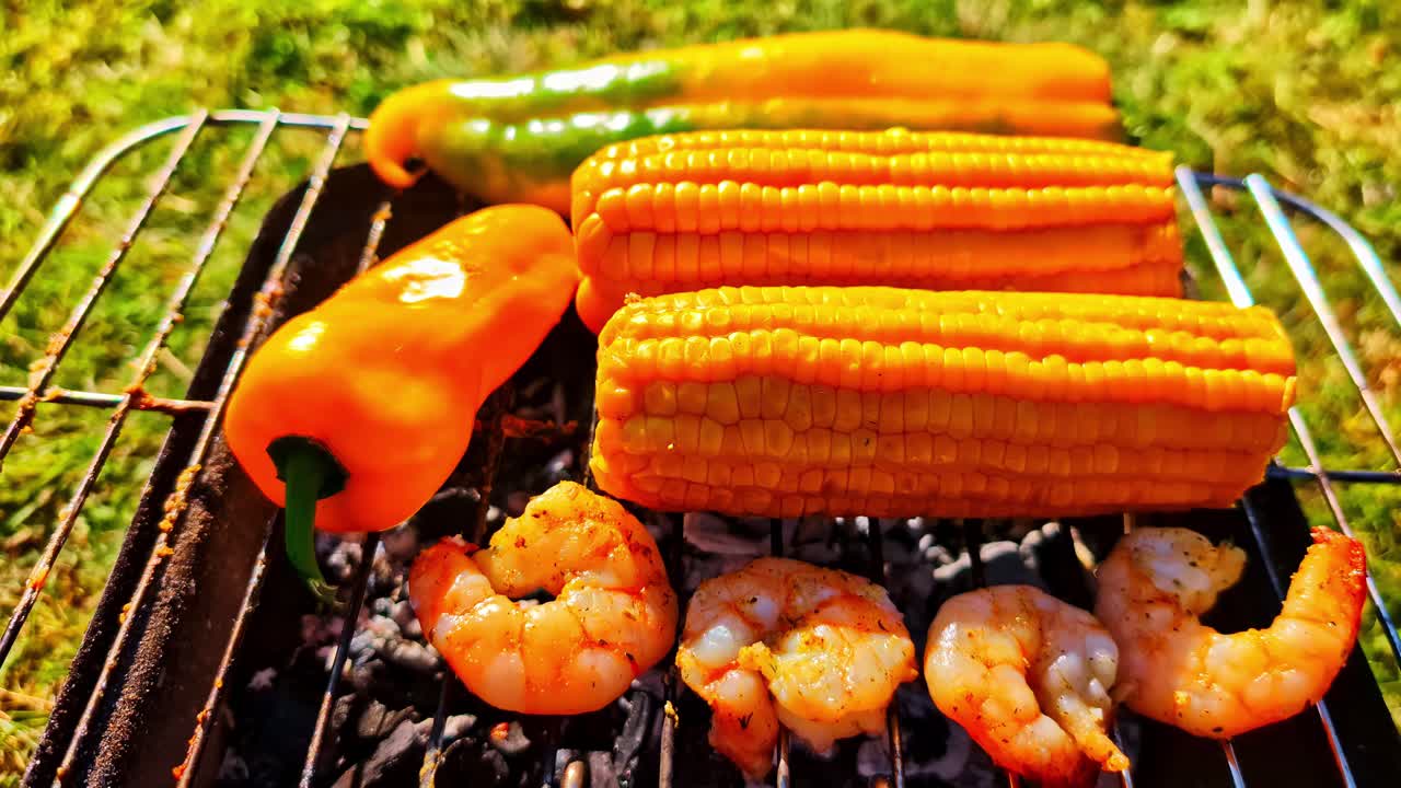Fresh shrimp, corn on the cob, and colorful peppers grilling on a portable barbecue outdoors on a sunny day