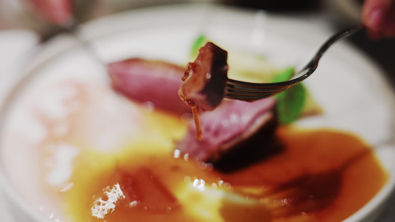 白い皿に盛り付けられた、ソースとマッシュ野菜が添えられたグルメな肉料理のクローズアップ
