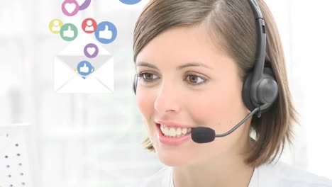 Animation-of-envelope-with-digital-icons-over-businesswoman-wearing-headset