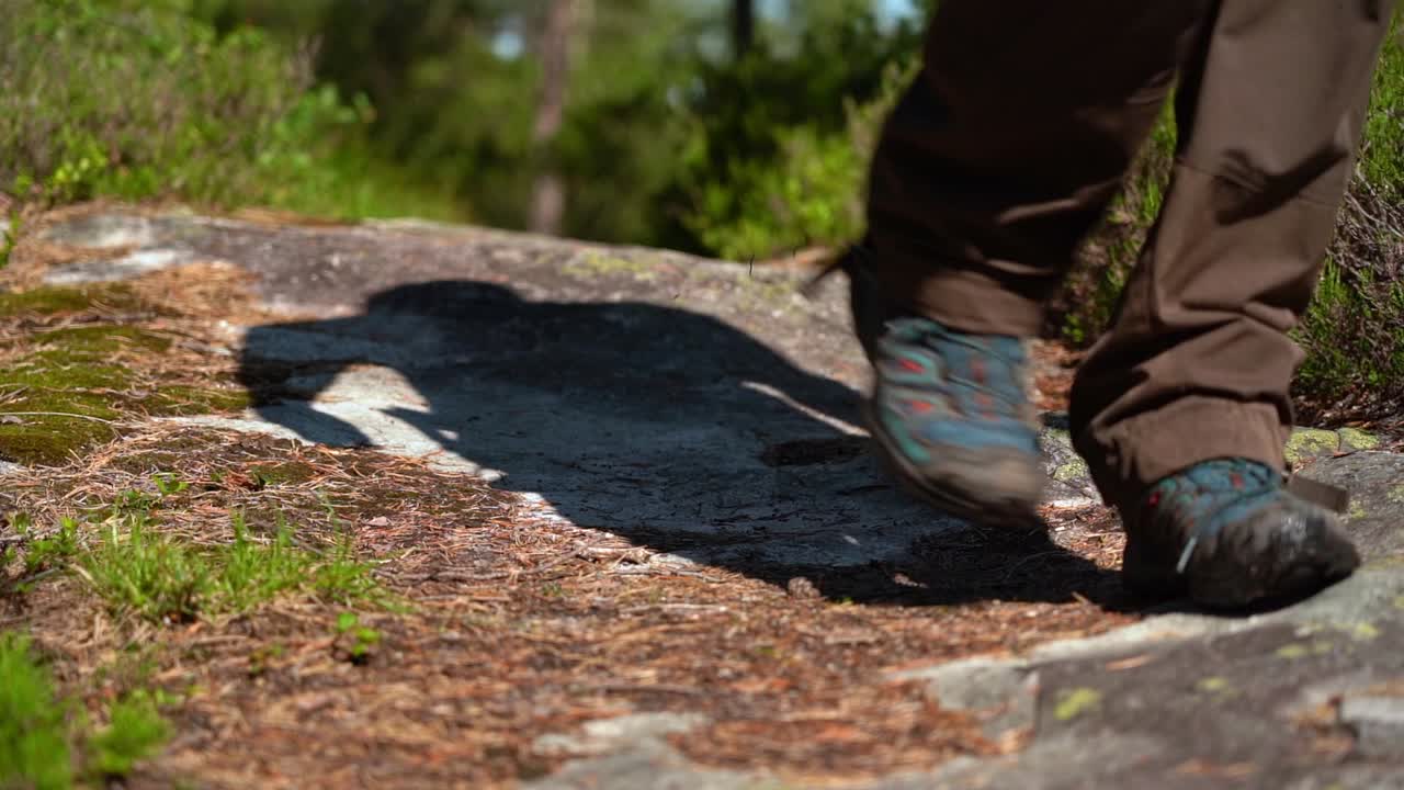 사람의 다리가 프레임에 들어오고 카메라를 지나 걷는 화창한 하이킹 트레일에 가까운 낮은 각도 클립