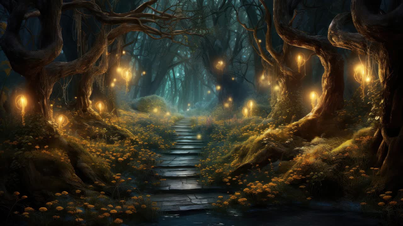 Enchanted forest path with glowing lanterns, captured from a low angle