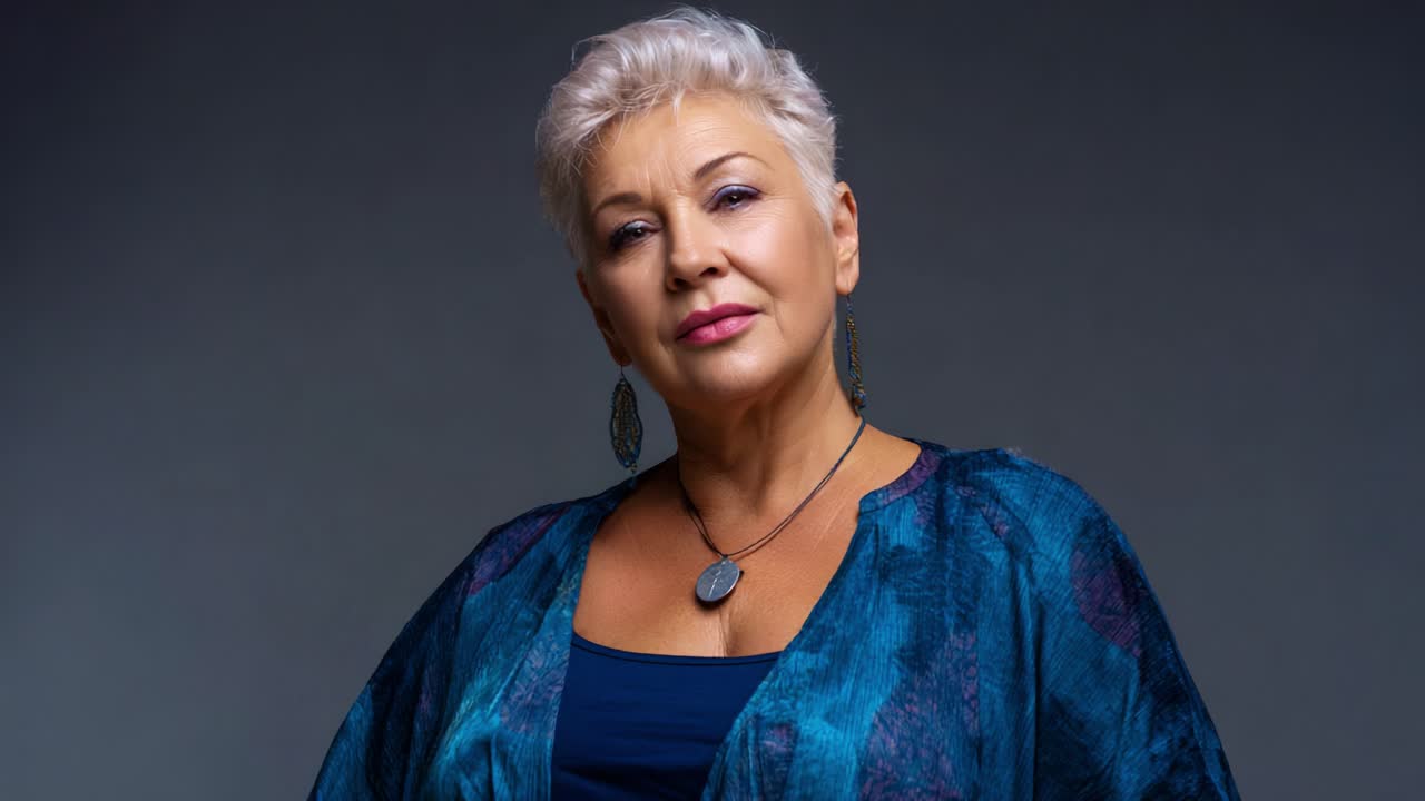Elegante ritratto di una donna sicura di sé con un taglio di capelli corto alla moda e gioielli vivaci su uno sfondo semplice, che emana bellezza e carisma in ogni inquadratura
