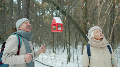 elderly couple hanging a bird feeder in the winter forest