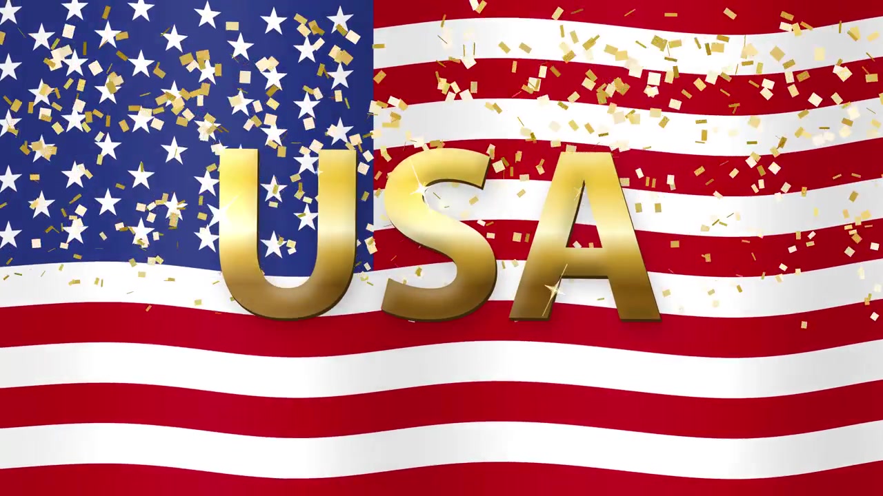 Goldener USA-Text über wehender amerikanischer Flagge mit fallendem Konfetti.