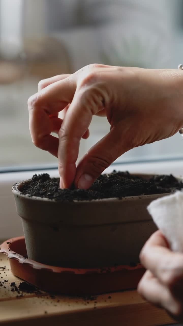 Video verticale: mani che entrano nell'inquadratura inclinando il pacchetto di semi e piantando un seme in un vaso a casa per favorire la crescita.