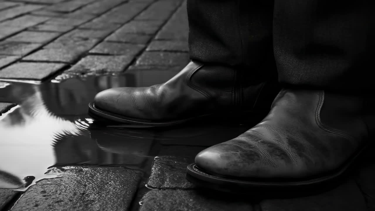 Sepatu Bot di Samping Genangan Air di Jalan Berbatu, Close-up Sudut Rendah Pria Bersepatu Bot Bisnis Melangkah, Ujung Kulit Menciptakan