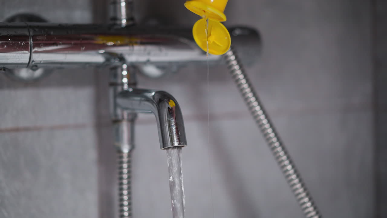 verter agua del grifo y gel en la bañera en el baño. llenar la bañera con líquido cálido y producto cosmético de limpieza corporal en el hogar. baño acogedor