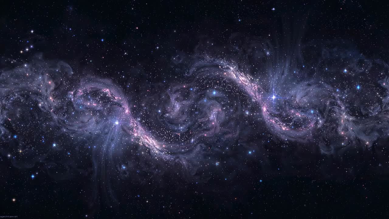 Pulsing filament shifting across starfield, central knot brightening and sending particle cascade