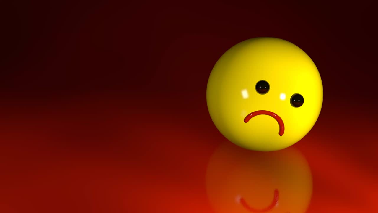 Smutný emotikon na tmavě červeném pozadí, s místem pro text. Koncept deprese a psychologických problémů.
