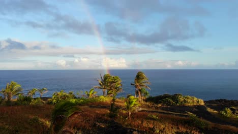 solitary rainbow landing just in front of the ocean cliffs on hawaii island