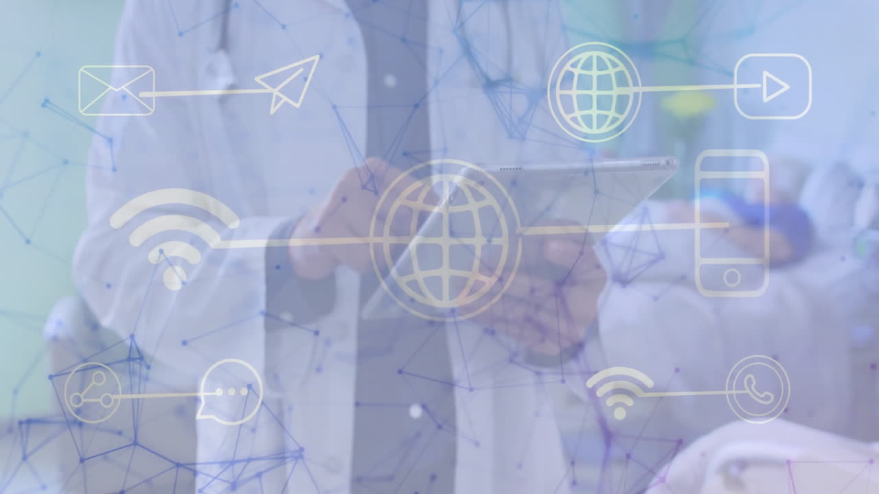 Male doctor using tablet beside patient in hospital, showing digital network icons for health tech