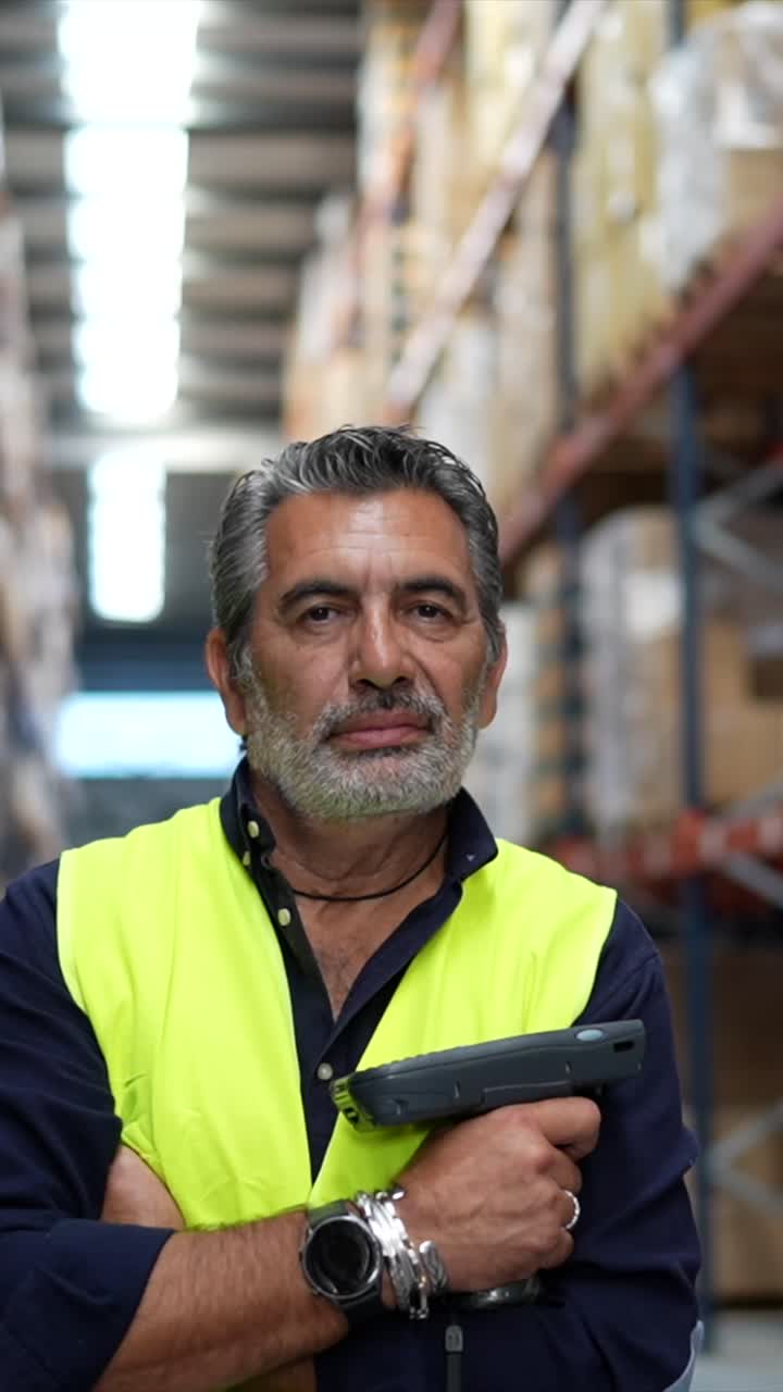 Uomo in magazzino con indosso un gilet ad alta visibilità