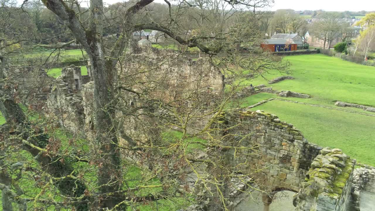 Basingwerk abbey landmark medieval abandoned Welsh ruins Aerial view parallax right passing tree