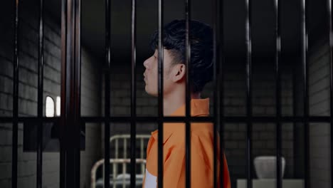 vista lateral de cerca de un prisionero masculino asiático de pie en la cárcel, sacudiendo la cabeza molesto por lo que hizo