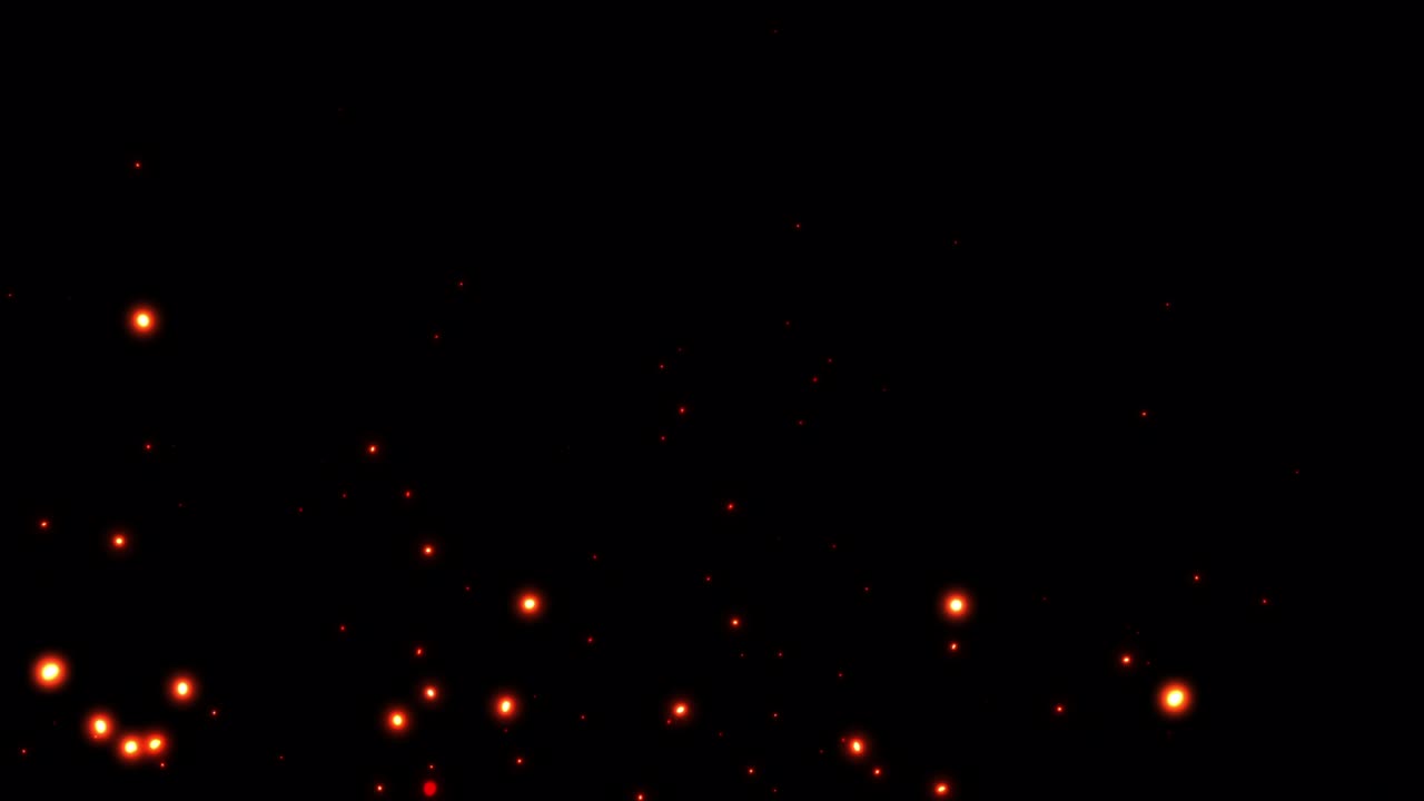 el fuego brilla en el fondo negro. animación 4k 3d de naranja ardiente brillando volando brasa quemando partículas de ceniza.