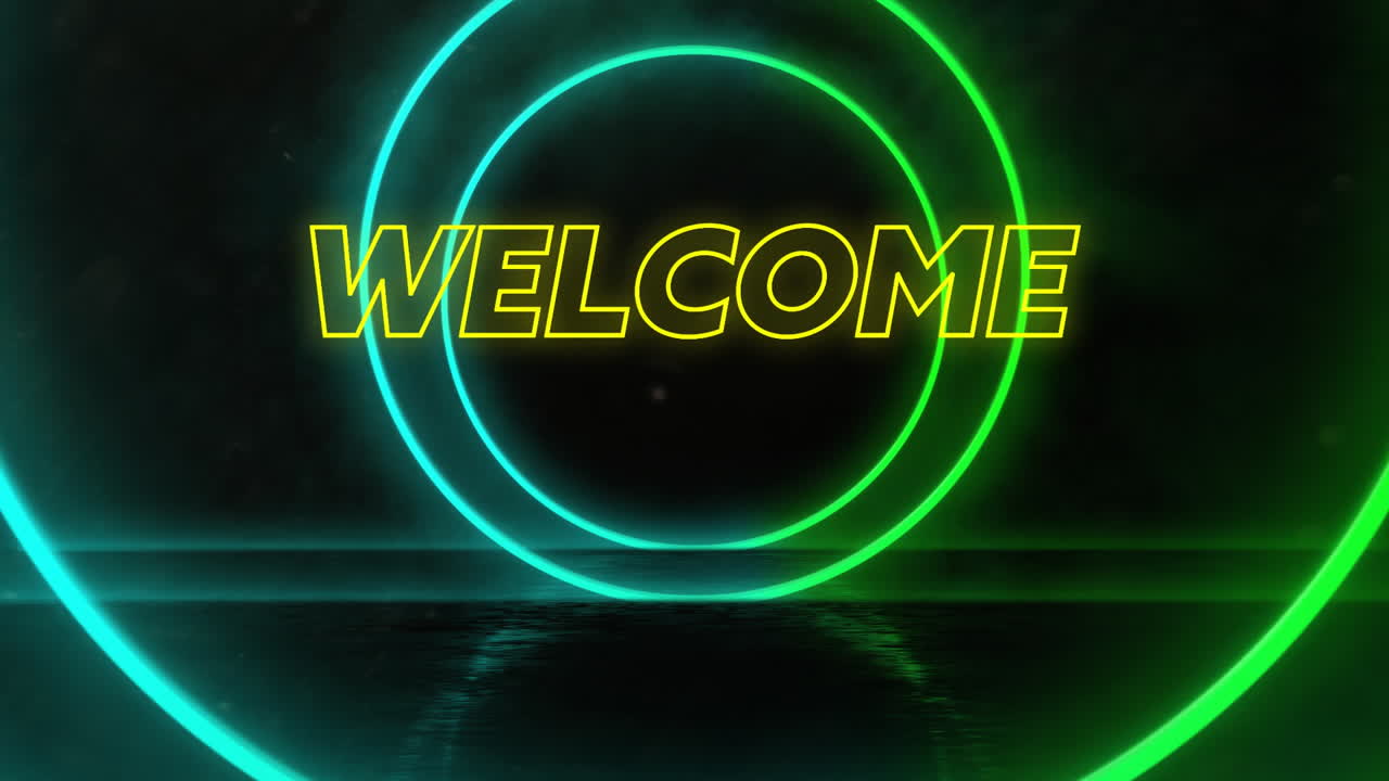 Animation of welcome text over neon shapes on black background