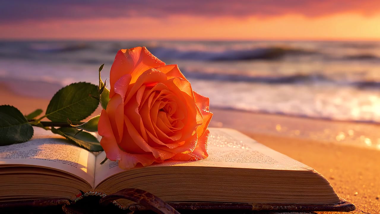 Oranje roos rustend op een open boek op een strand bij zonsondergang