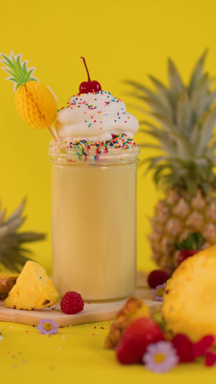 Una mano aggiunge una decorazione a forma di ananas a un milkshake cremoso con panna montata, ciliegia e codette colorate.
