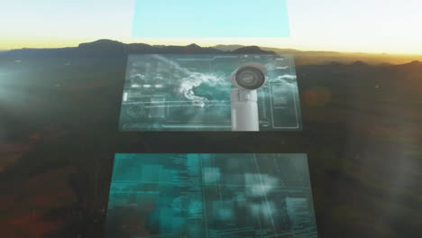 Animation of screens with data processing over landscape