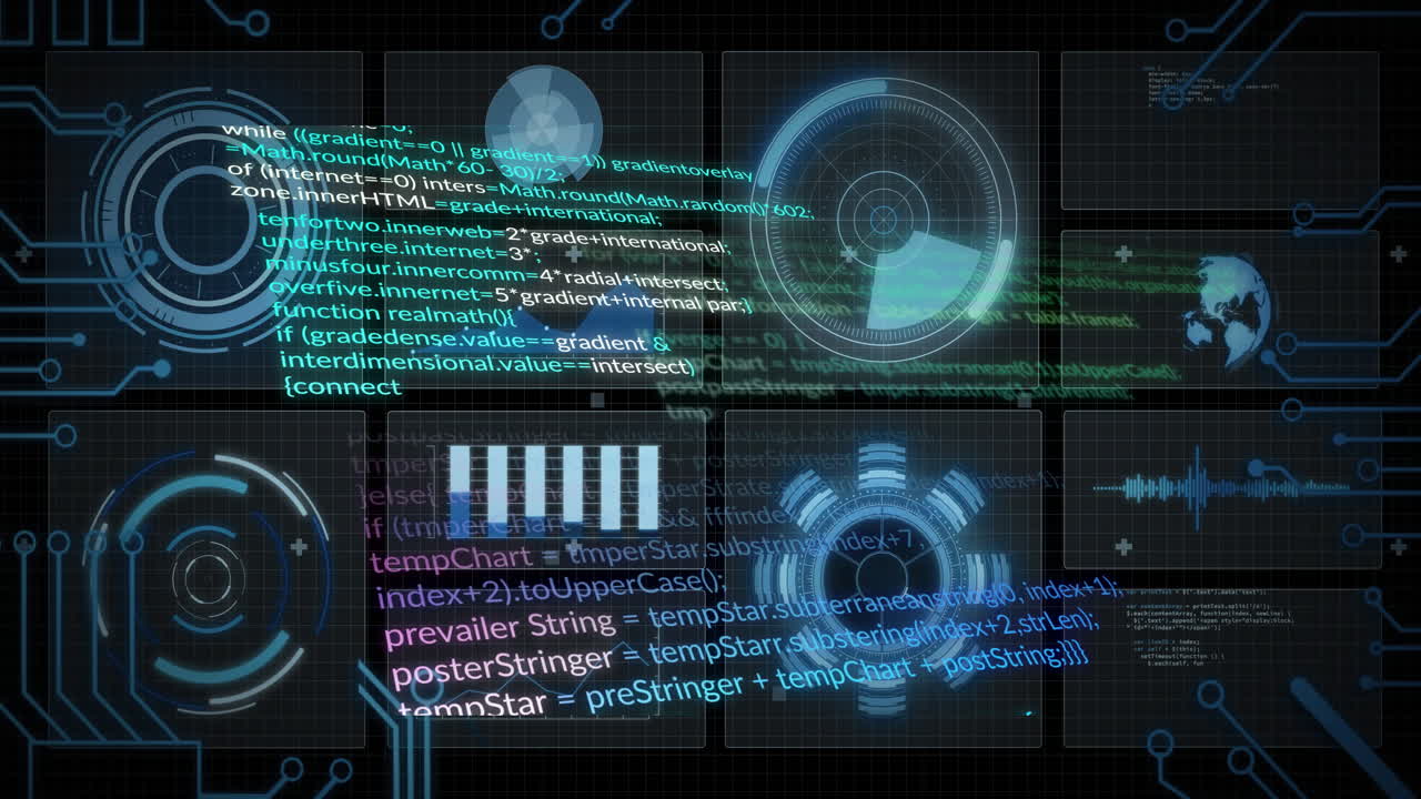 Animation of digital code and futuristic interface on dark grid background