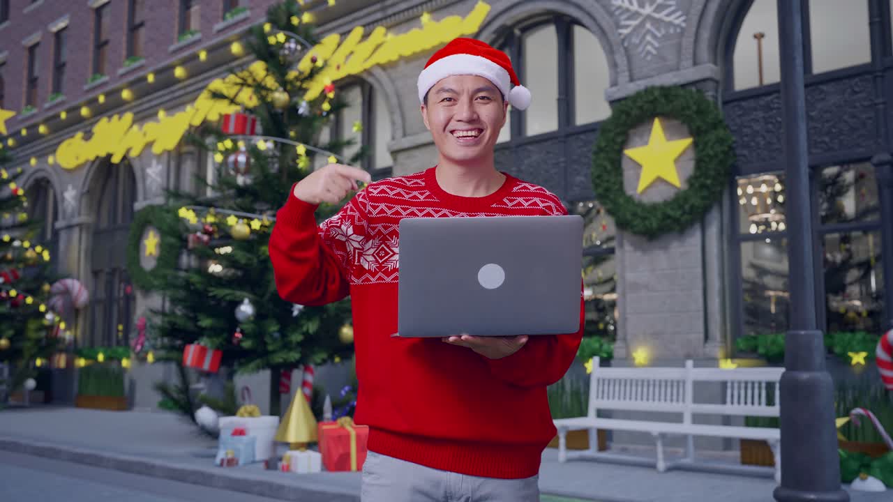 hombre con computadora portátil en las vacaciones de navidad