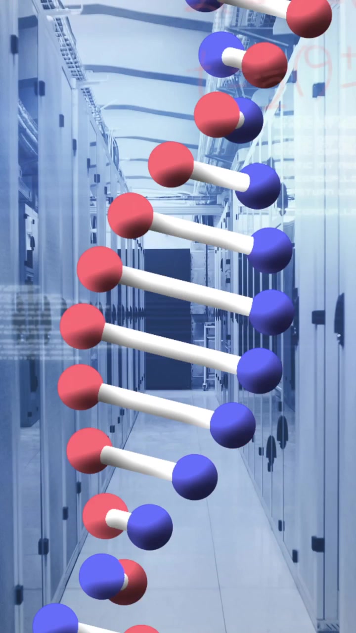 Animation of data processing and dna strand over server room