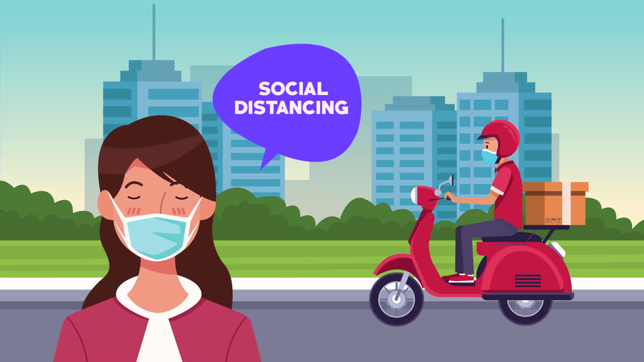 모터사이클을 타고 배달 노동자와 여성과 함께 사회적 거리 두기 캠페인