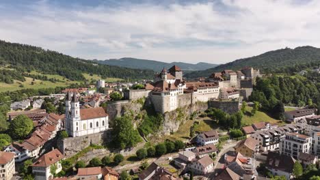 aerial view of aarburg castle and church overlooking aare river switzerland