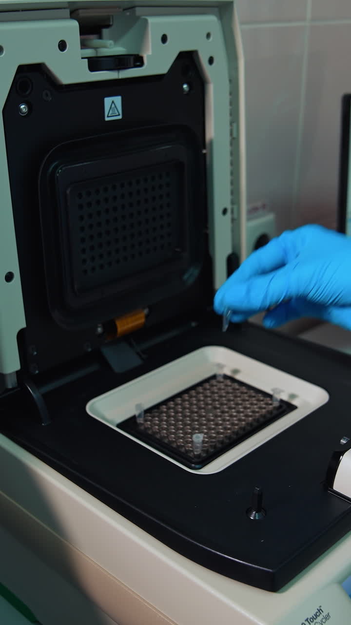 Rack with vials for sample collection. Process of testing examination by nurse medic in laboratory lab. Vertical video