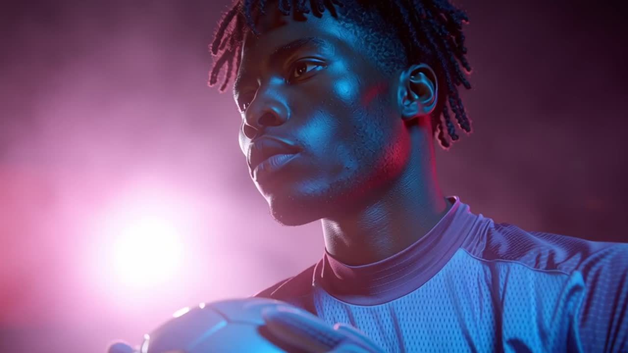 Giovane portiere che tiene un pallone da calcio con illuminazione al neon drammatica