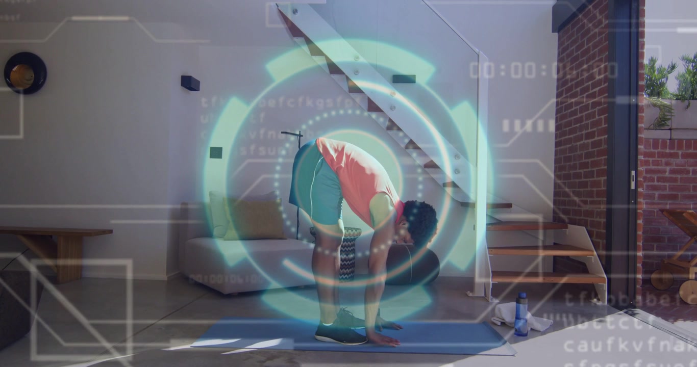 Vertical video: HUD-appearing guiding man in red top and teal shorts folding on blue mat at home