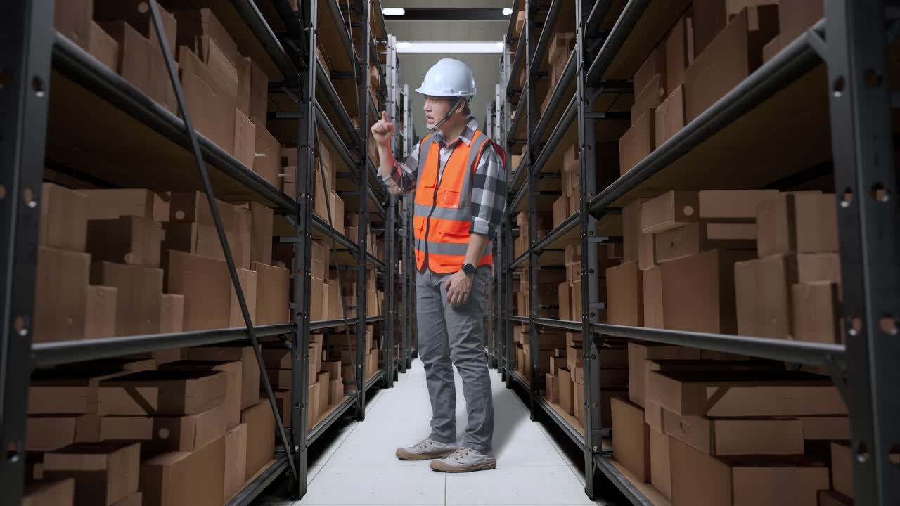 vista lateral completa del cuerpo de un ingeniero masculino asiático con casco de seguridad de pie en el almacén con estantes llenos de mercancías de entrega. estando enojado, señalándote y gritando en el almacenaje