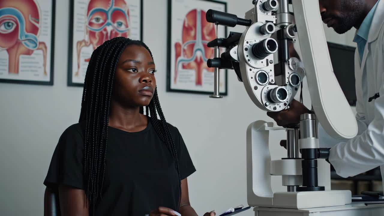 Woman undergoing an eye exam with an optometrist