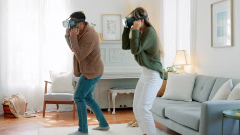 gaming, vr and metaverse with couple in living