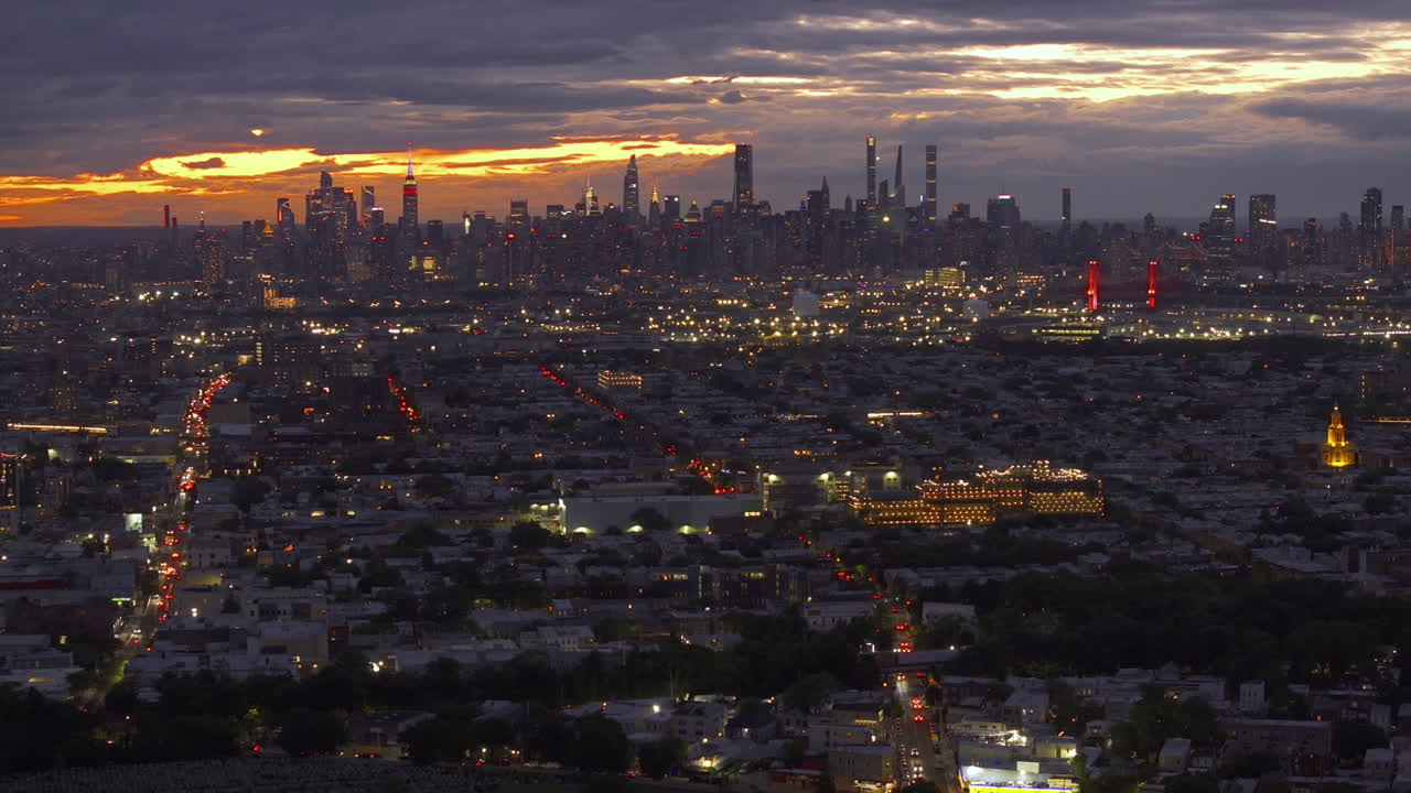 Aerial view of the New York City skyline at sunset